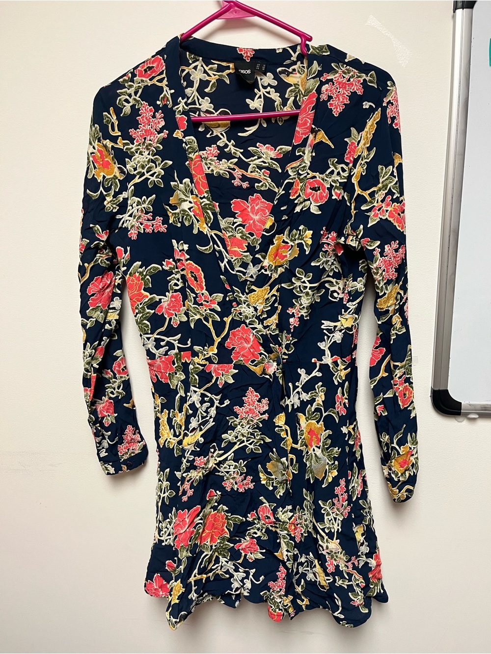 ASOS Navy Floral/ bird print Long-Sleeve Wrap Dress with Pink and Yellow Flowers